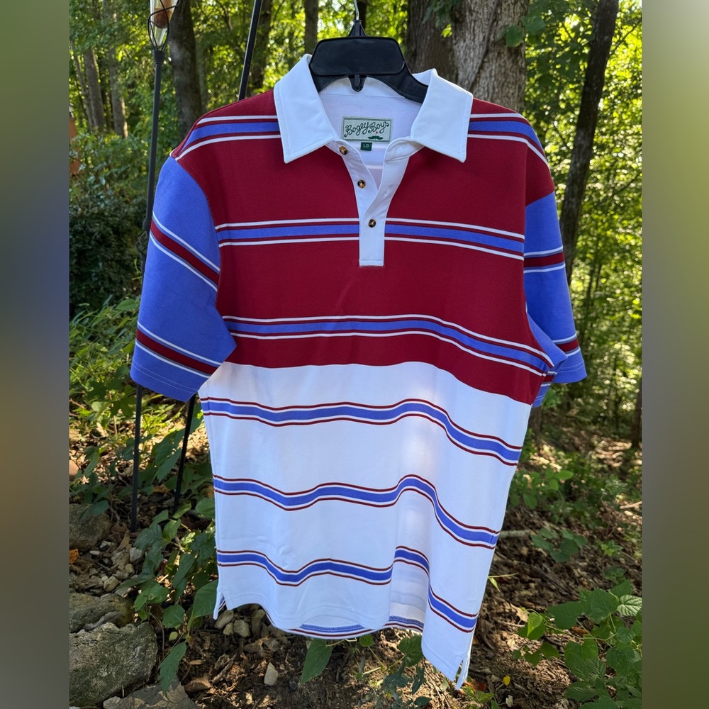 BOGEY BOYS MACKLEMORE Large NWOT THE GOAT POLO - RED/PURPLE